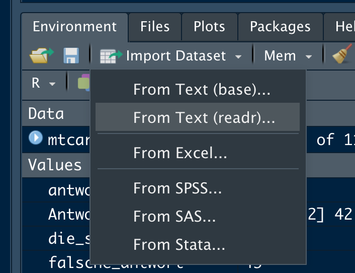Datendateien importieren über das Menü in RStudio